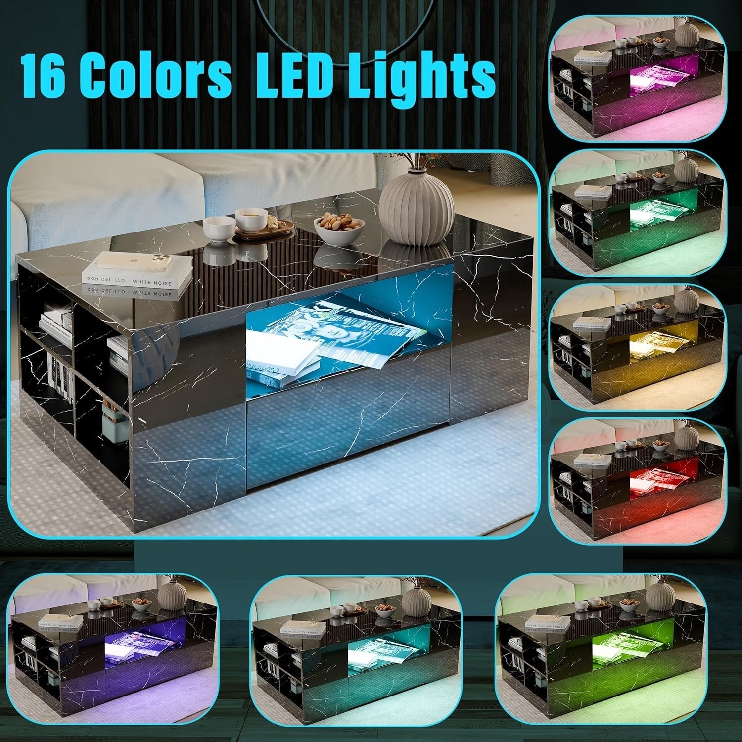 Blisswood LED Coffee Table with 2 Drawers, High Gloss Black Marble & RGB Lights