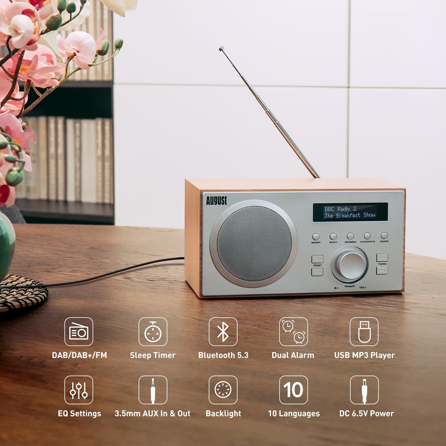 DAB/DAB+ FM Radio Bluetooth Speaker Alarm Clock USB AUX Subwoofer Oak