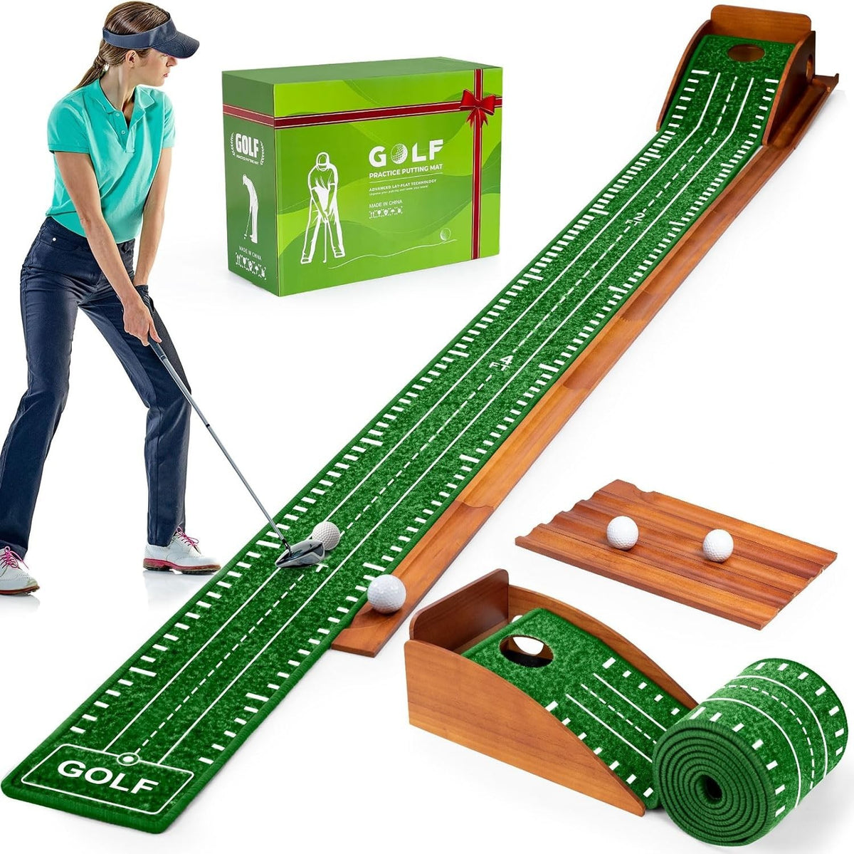 Indoor Golf Putting Mat Set Training Aid With Ball Return Home Practice