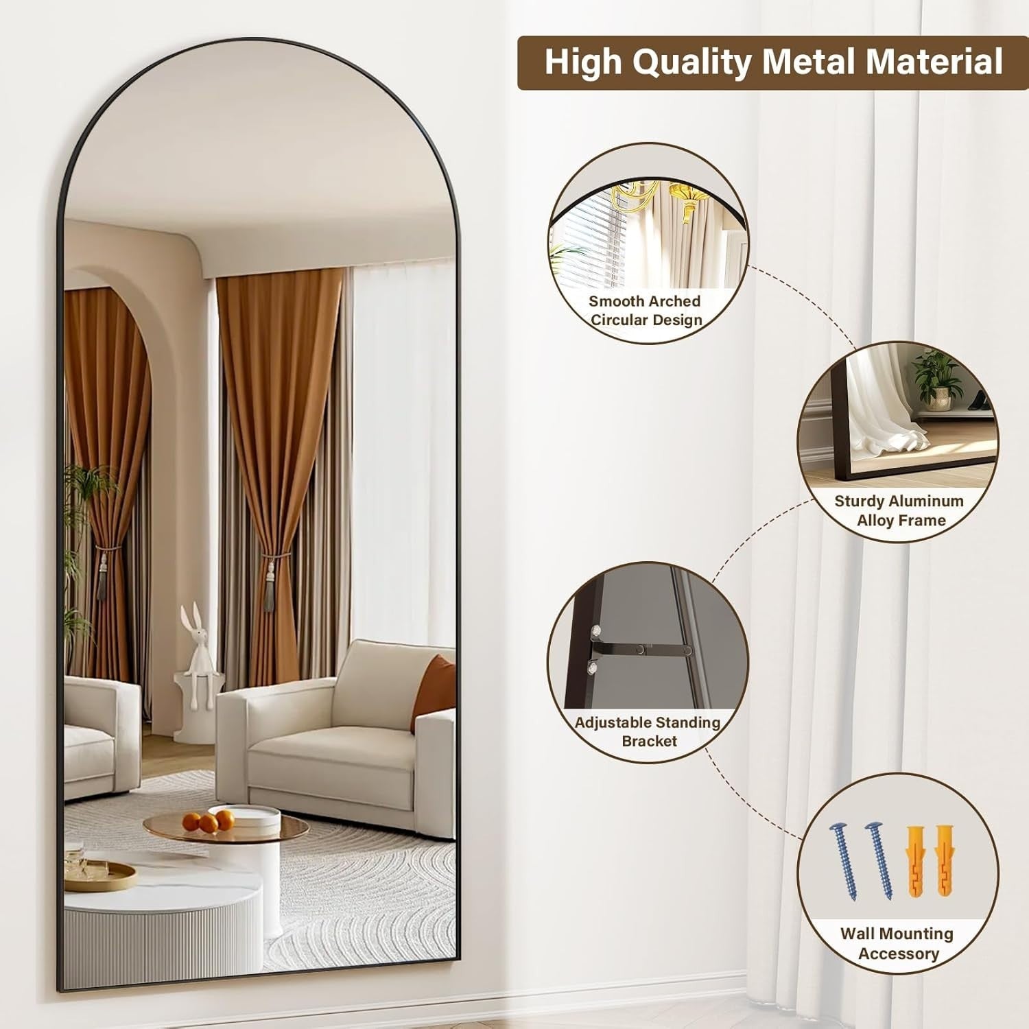 Full-Length Arched Mirror 165x60cm Shatterproof with Aluminum Frame