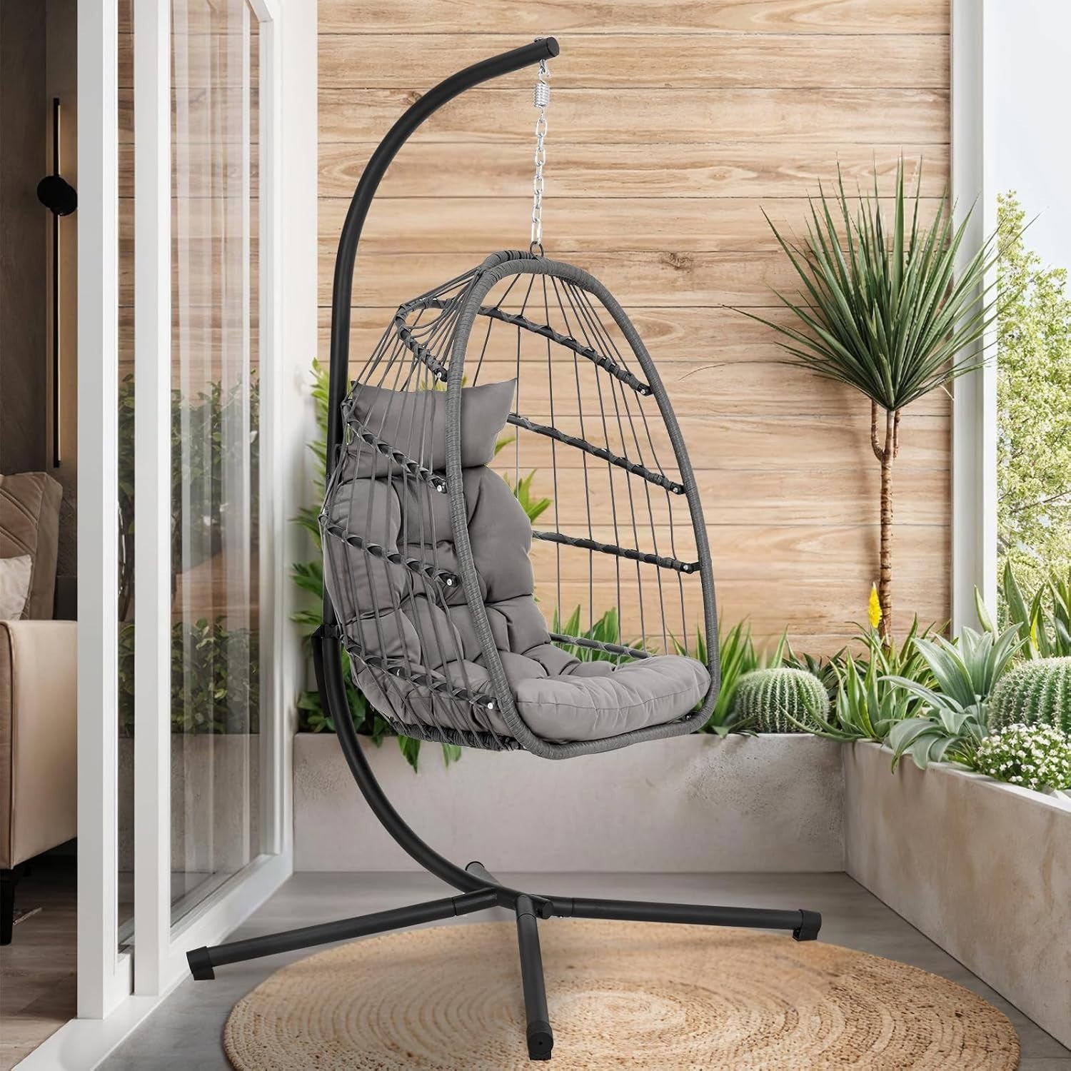 Indoor Outdoor Hanging Egg Chair with Stand Plush Cushion Patio Swing Seat