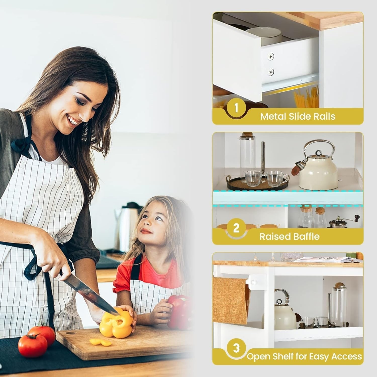 White Large Kitchen Island Cart Rubber Wood Top