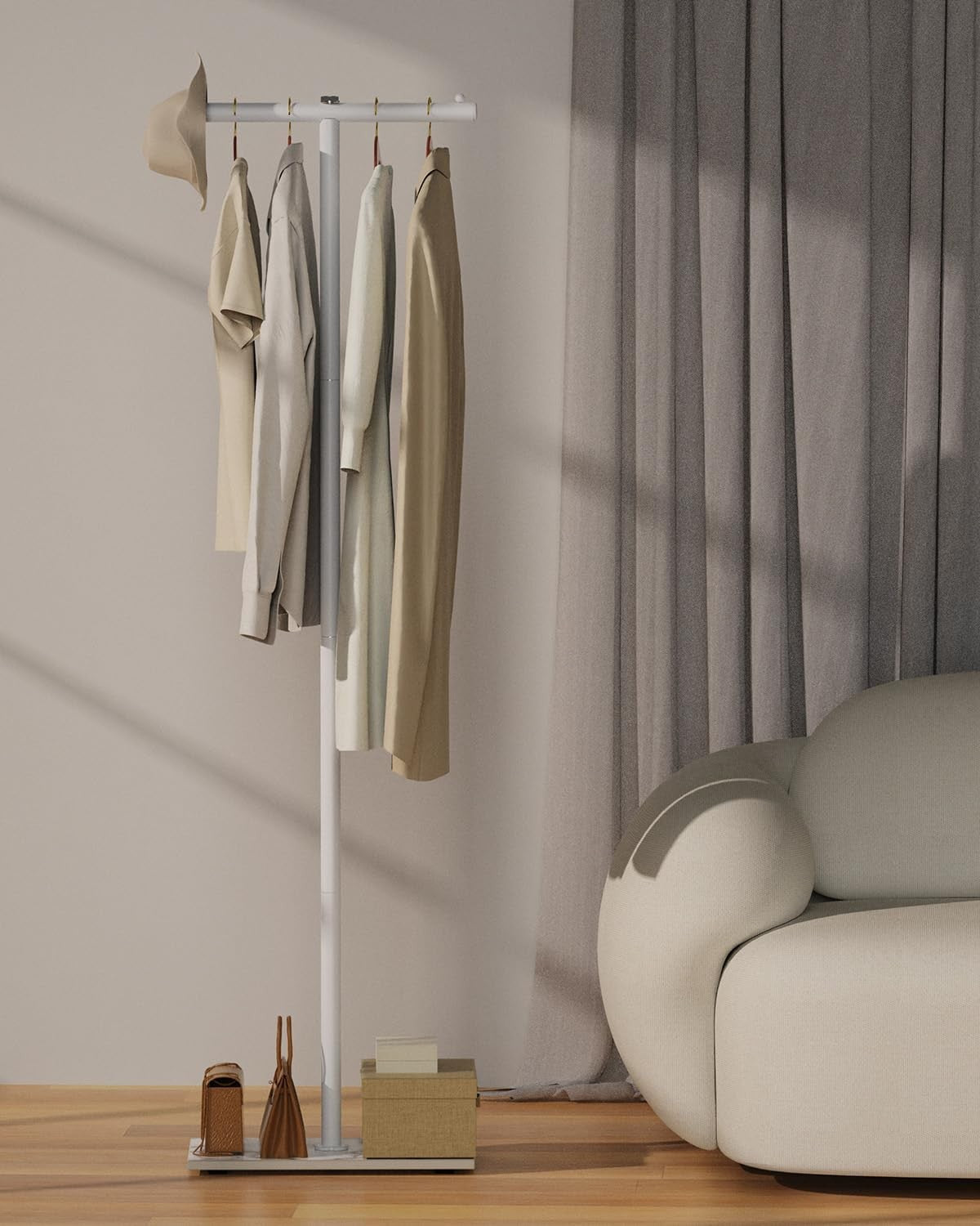 White Metal Coat Rack 175cm T-Shaped Clothes Stand with Rock Slab Base