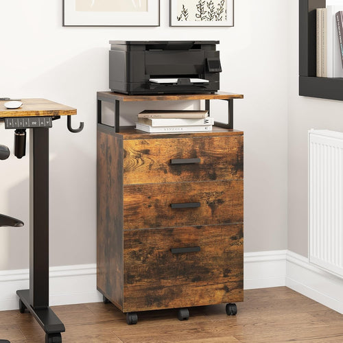 Rustic Mobile File Cabinet 3 Drawer Rolling Printer Stand Open Shelf
