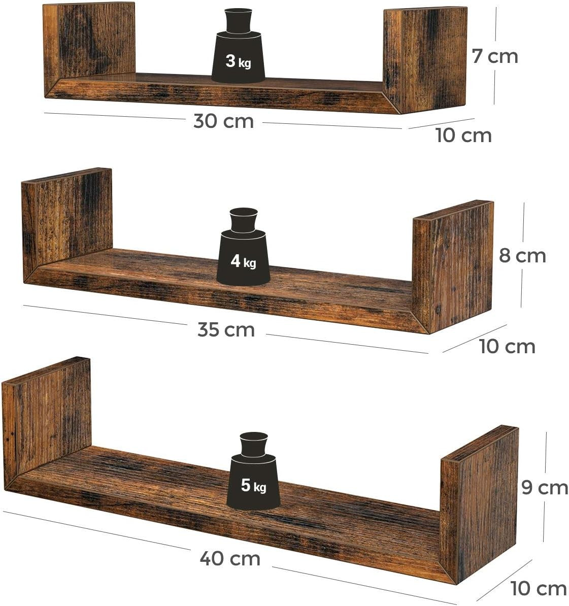 Rustic U-Shaped Floating Wall Shelves Set of 3 – Storage Display Rack