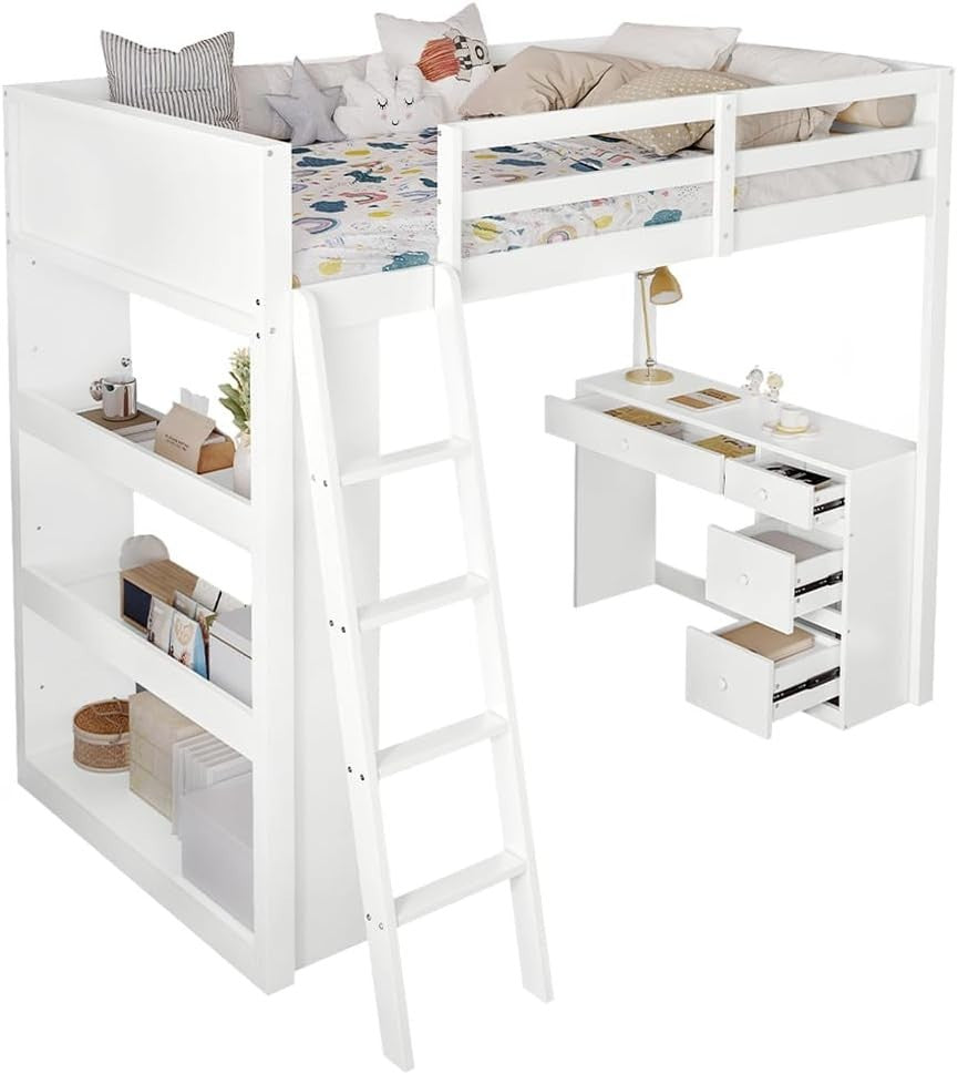 Loft Bunk Bed with Desk, 4 Drawers & Shelves, Kids 3FT White 90x190cm Bed