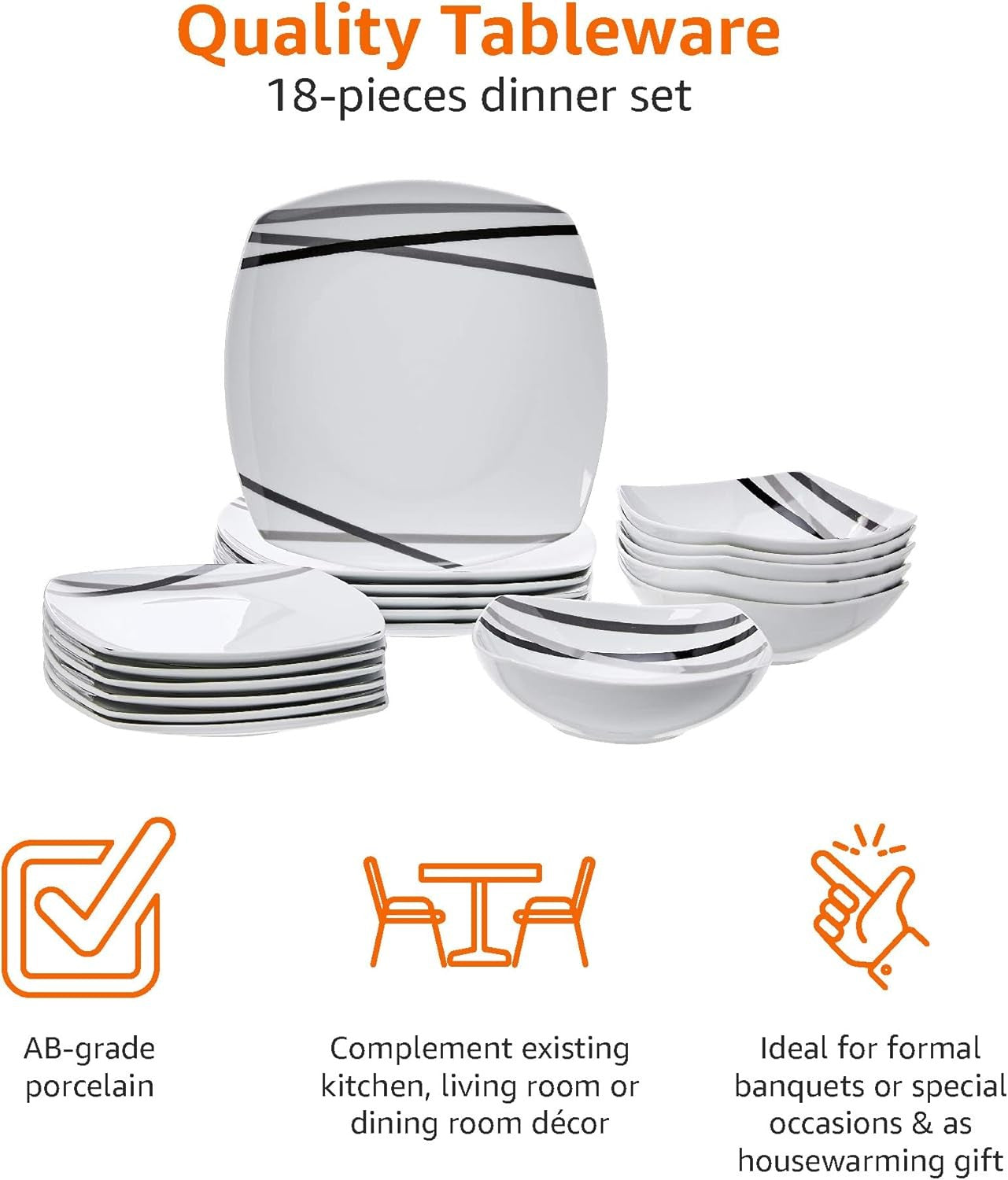 18pc Porcelain Dinnerware Set Modern Square Plates Bowls Microwave Safe