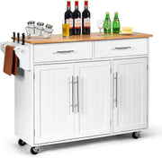 Kitchen Island Cart with Drawers Cabinets Lockable Wheels Solid Wood Top