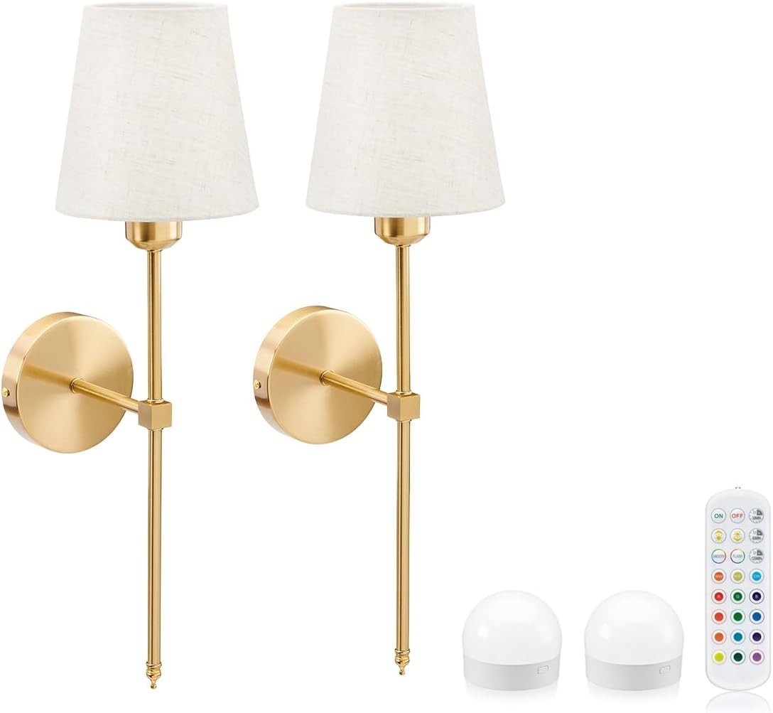 Wireless Wall Lights Brass Set of 2 | No Wiring, LED, Dimmable, Remote
