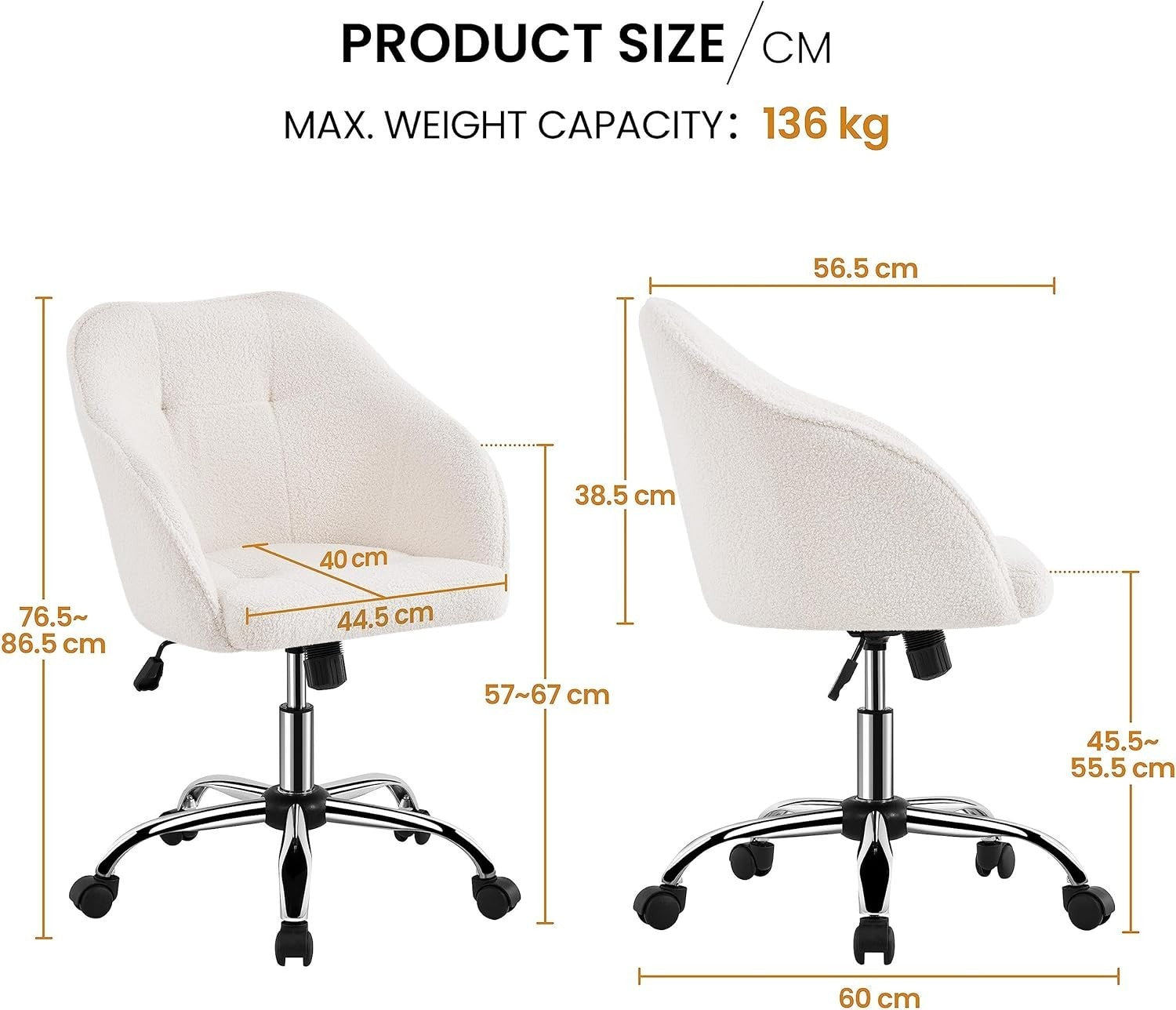 Boucle Office Desk Chair Adjustable Height Swivel Armchair Ivory Home Office Fur
