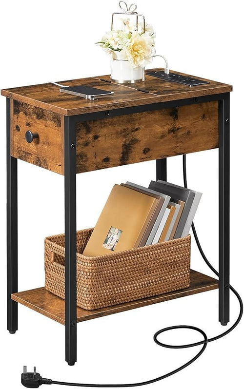 Slim Bedside Table with Charging Ports, Flip Top Storage, Rustic Narrow Side Tab