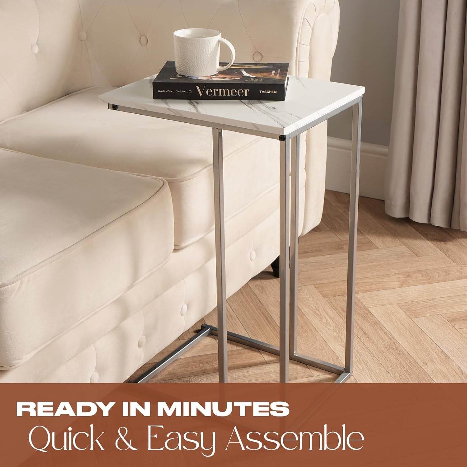 White Marble Top C-Shaped Sofa Side Table – Space-Saving Modern End Table
