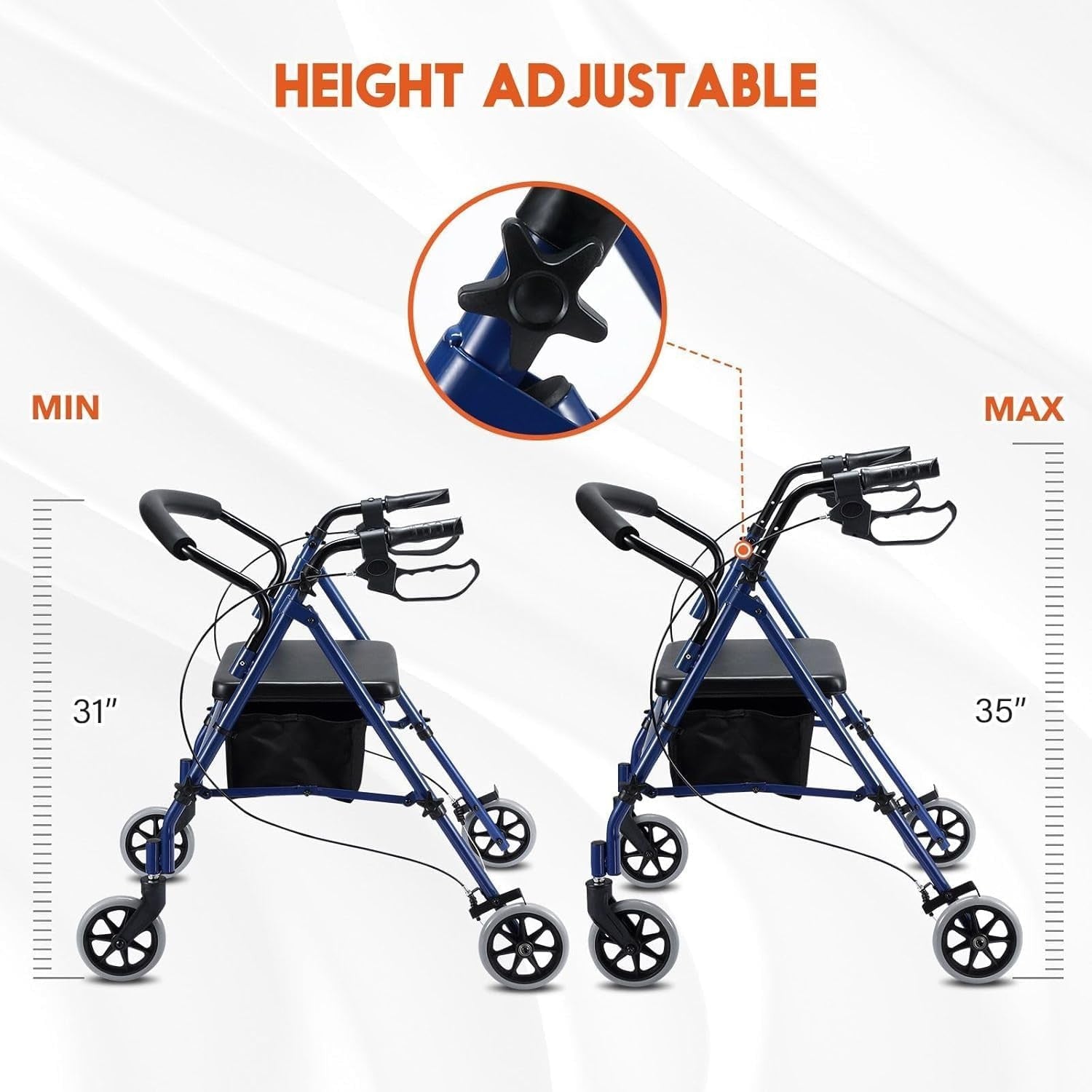 Lightweight Folding Rollator Walker with Seat 4 Wheels Adjustable Brakes