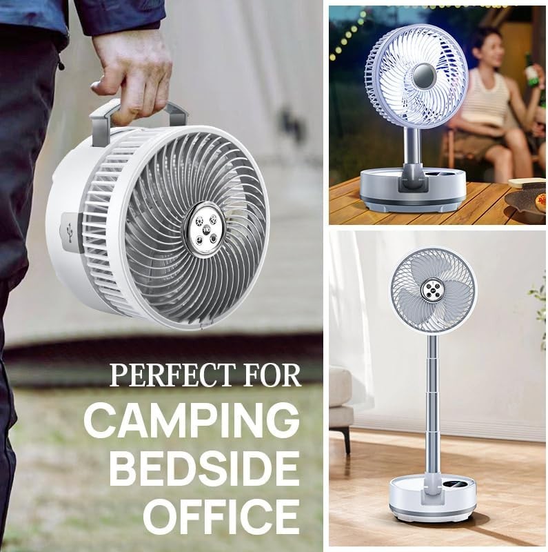 White Portable Desk Foldable Fan – 9-Speed Rechargeable w/ LED & Remote Control