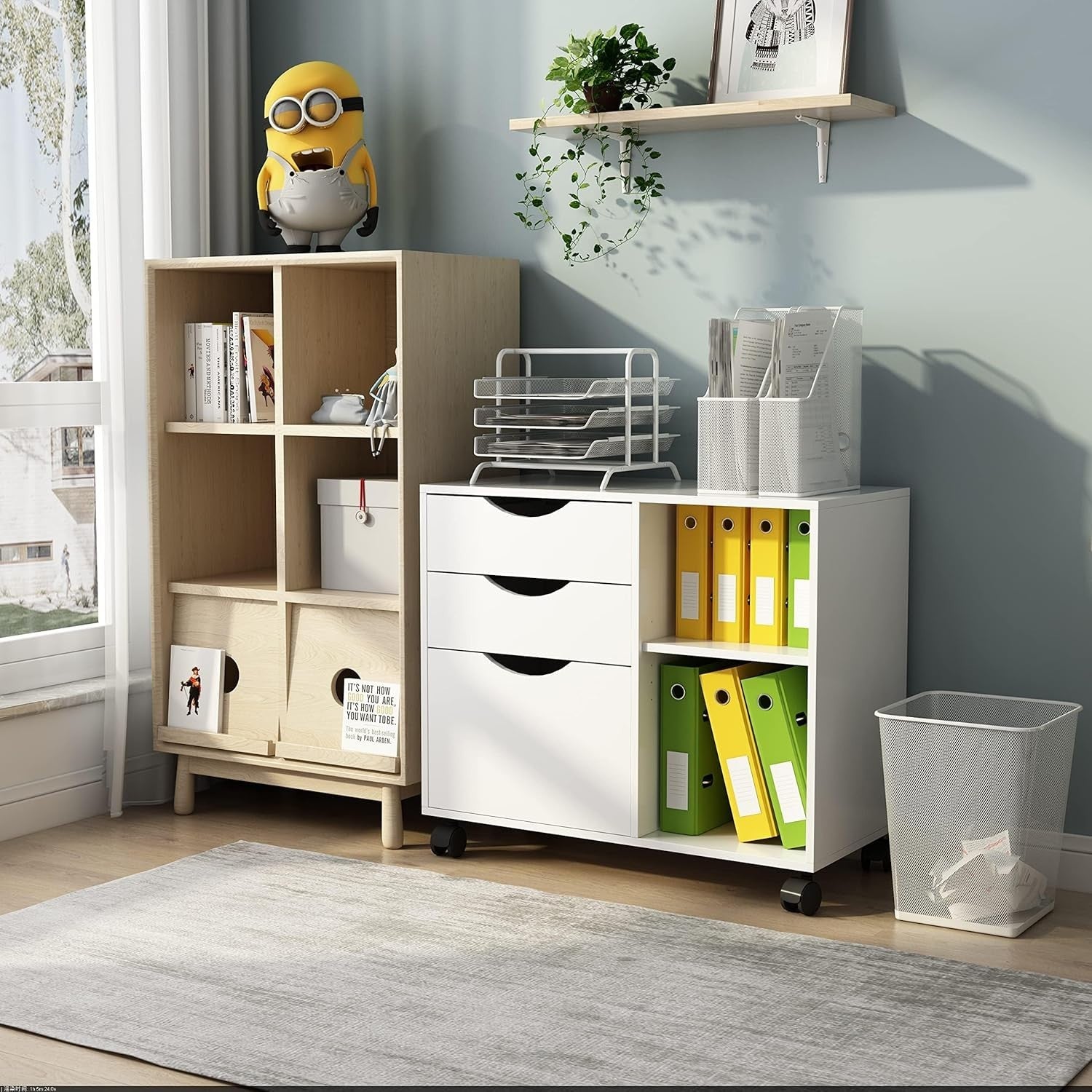 Large Rolling Lateral File Cabinet 3 Drawer Open Shelf Printer Stand