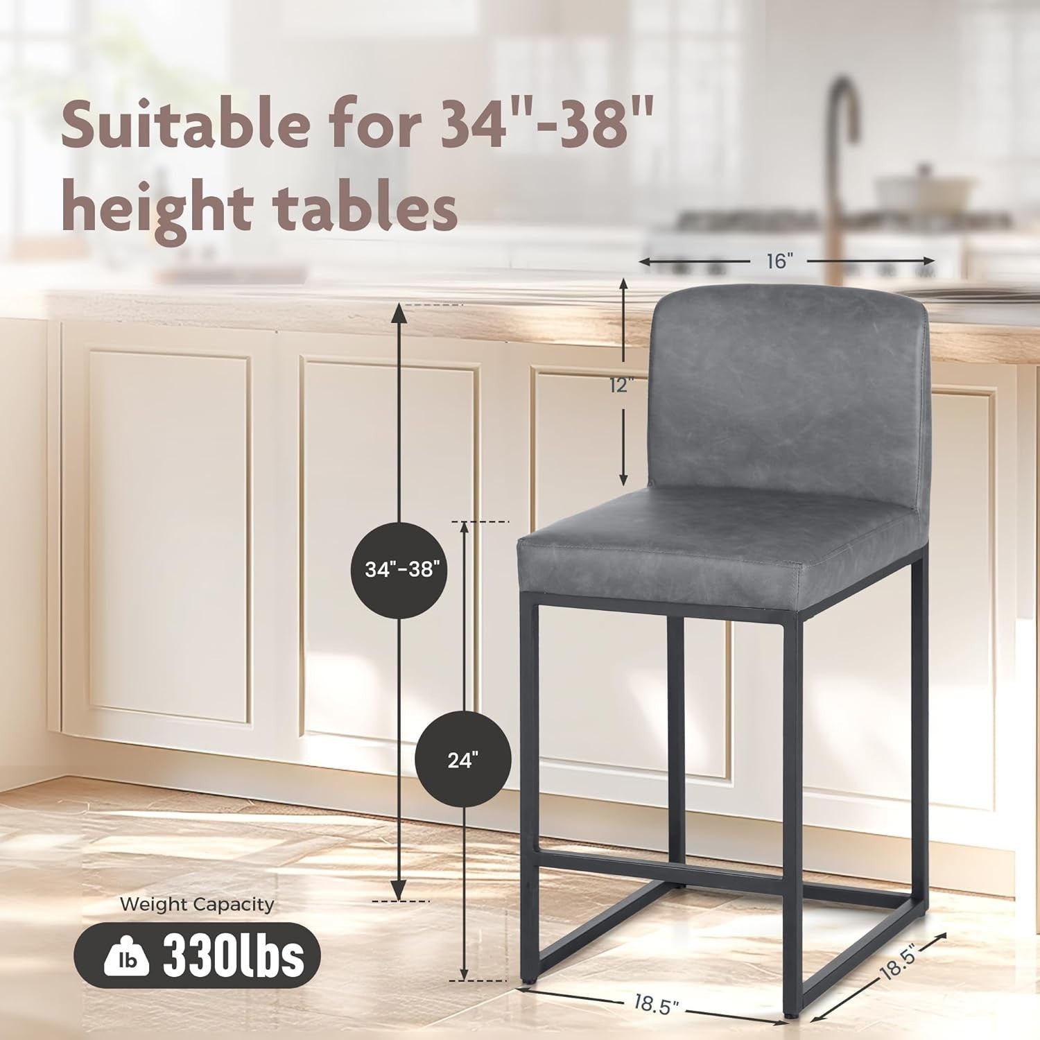 Grey PU Leather Bar Stool – Modern Kitchen & Breakfast Counter Chair