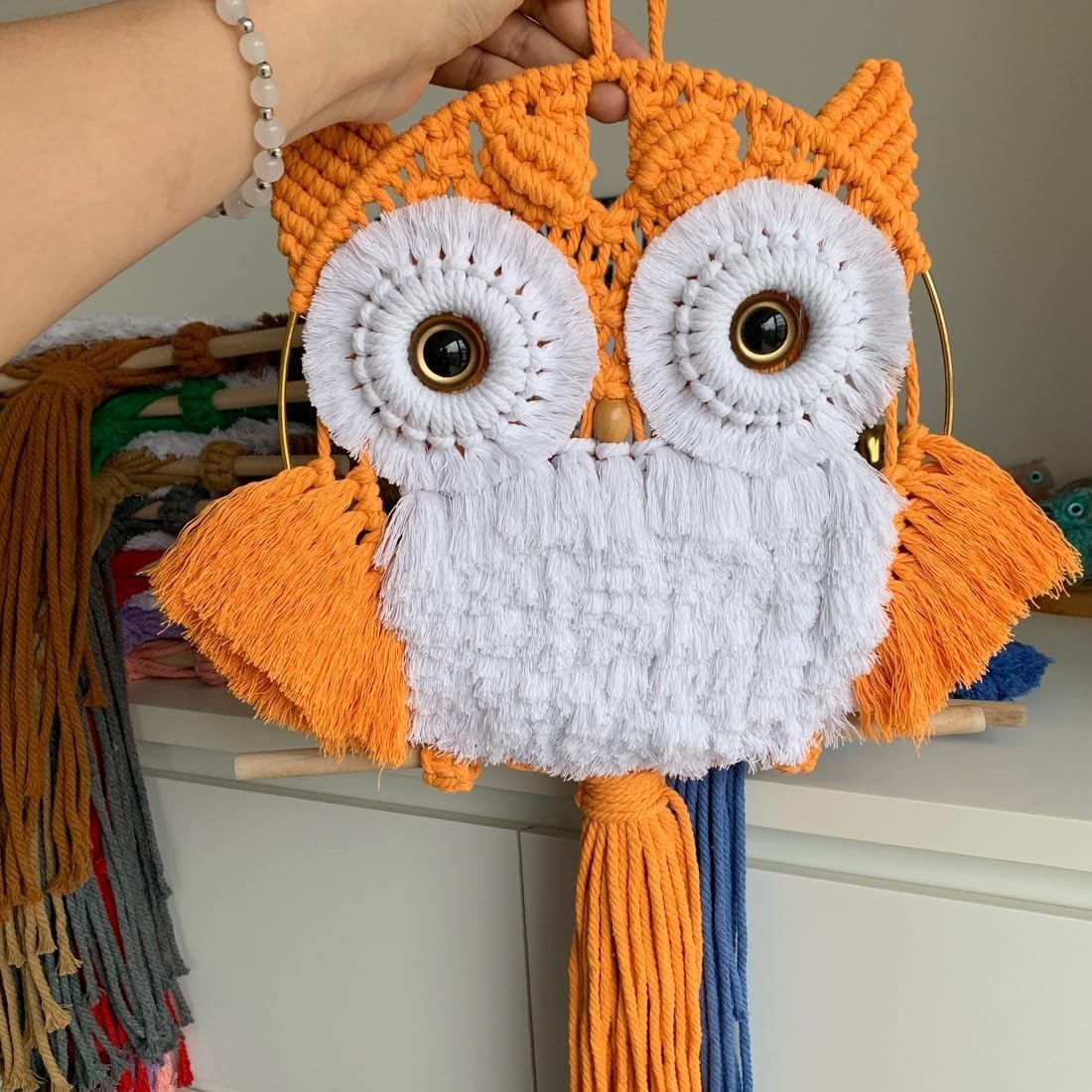 Orange Macrame Owl Wall Hanging Boho Fiber Art Home Decor