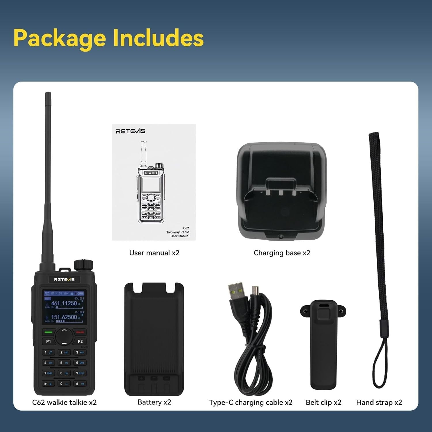 Dual Band Walkie Talkies 2 Pack Long Range 5W Type-C AI Noise Reduction