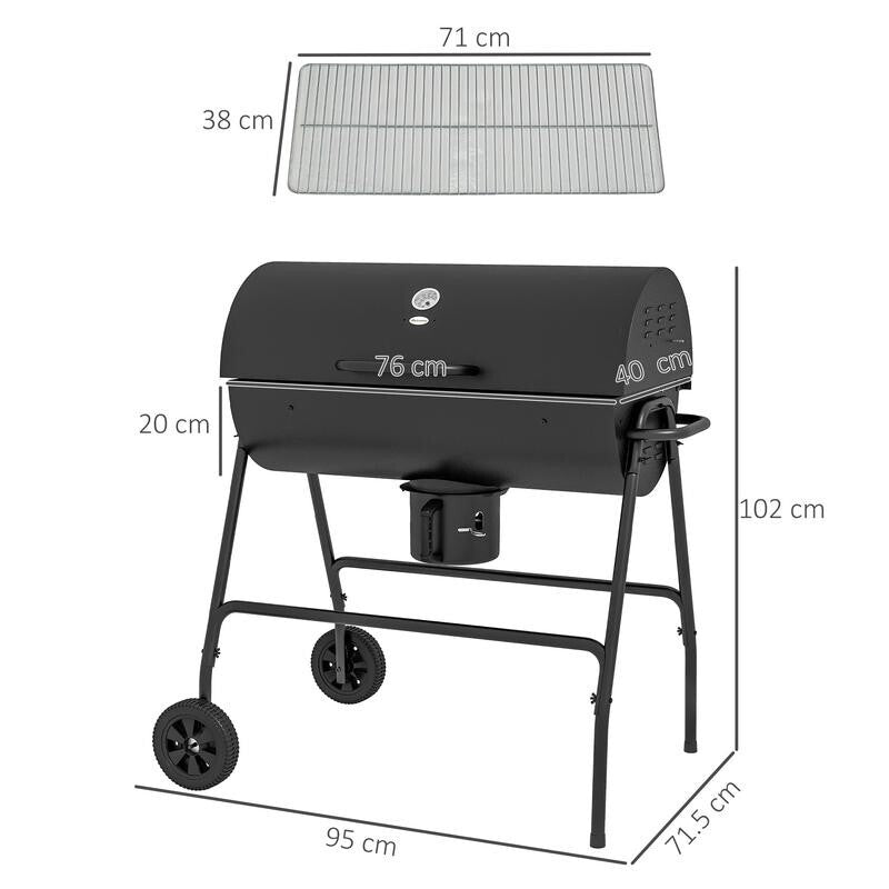 Charcoal BBQ Grill with Thermometer, Ash Catcher, Warming Rack & Wheels
