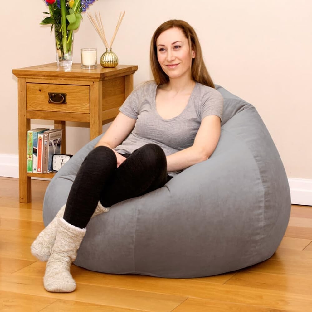 Grey Velvet Bean Bag Chair with Footstool - Adult Lounge Sofa Seat Set