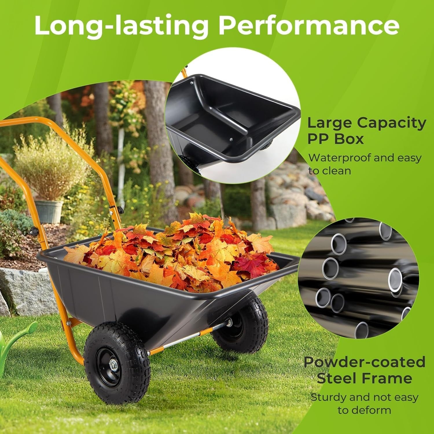 80L 2-Wheel Wheelbarrow Black+Yellow – Pneumatic Tyres w/ Adj Handle 100kg Cap
