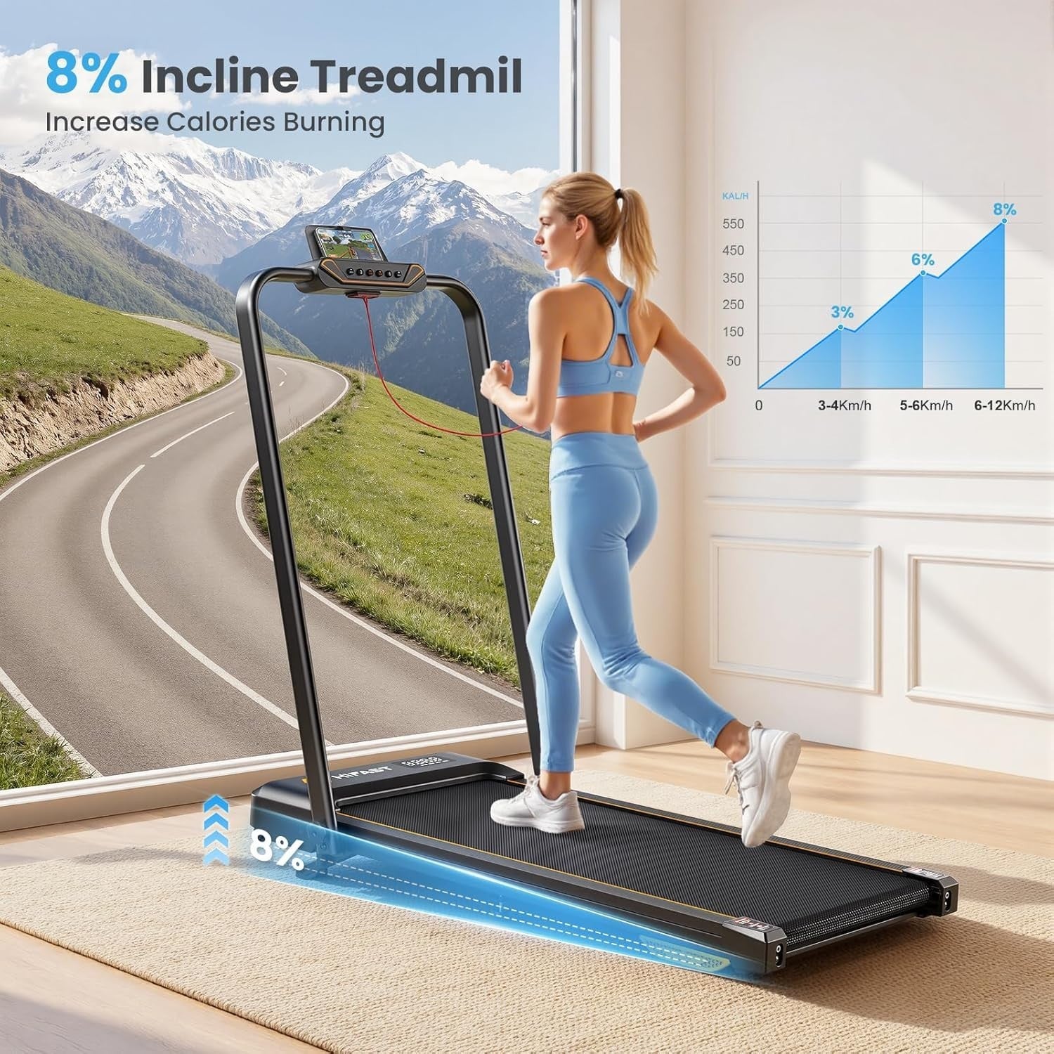 Foldable Walking Pad Treadmill 8% Incline 1-12km/h Quiet Home Gym