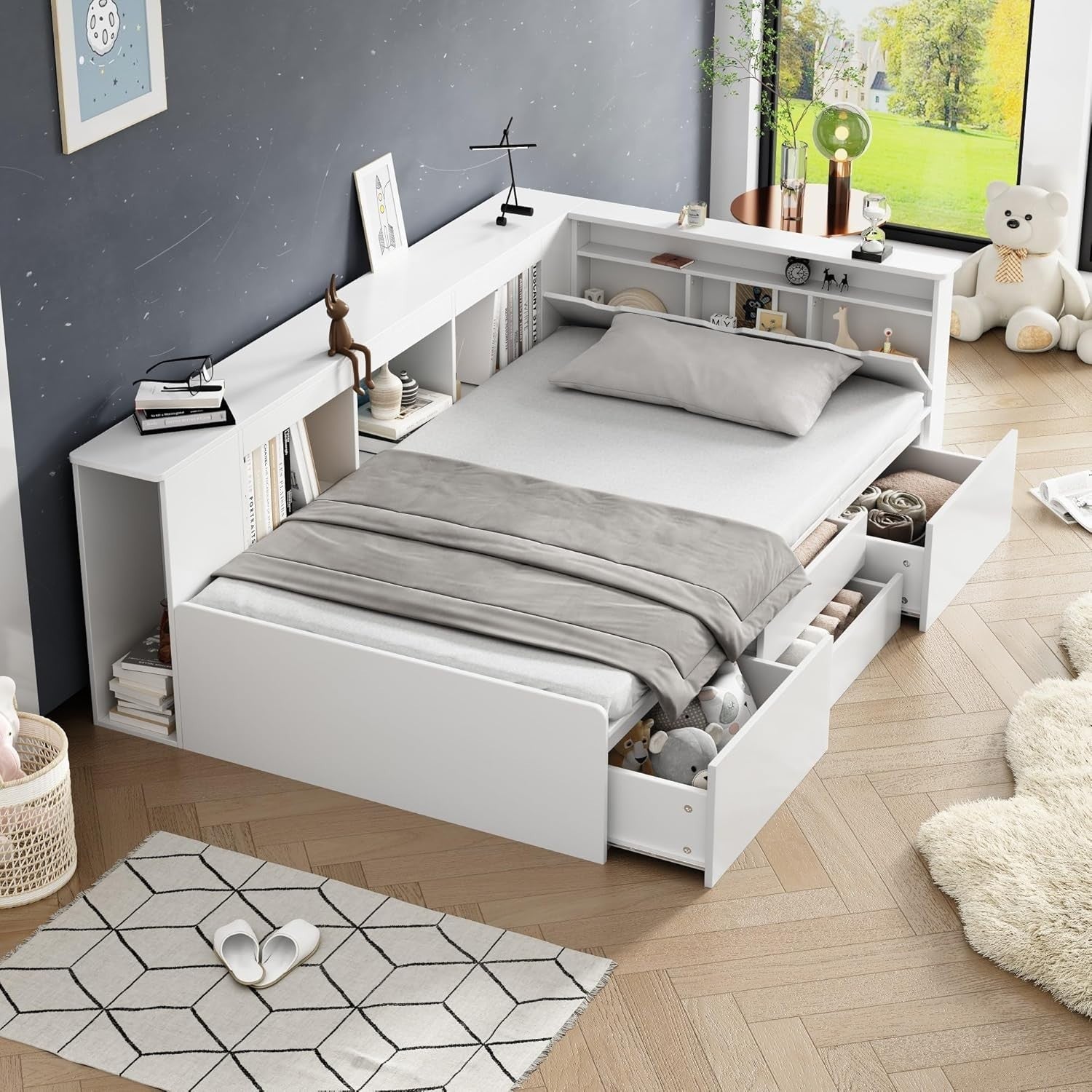 Single Bed w/ Storage Drawers & Shelves Kids Platform 3FT White 90x190