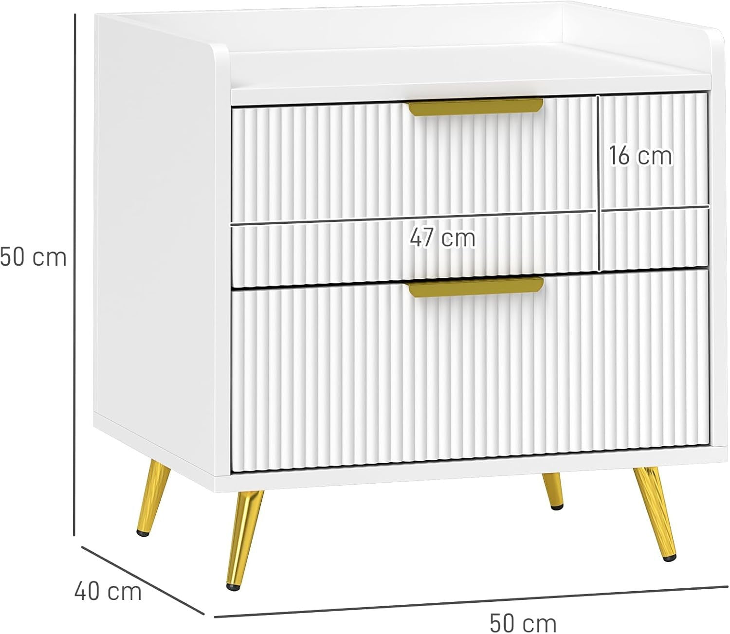 Modern White Bedside Table with 2 Drawers & Gold Metal Legs | Elegant Nightstand