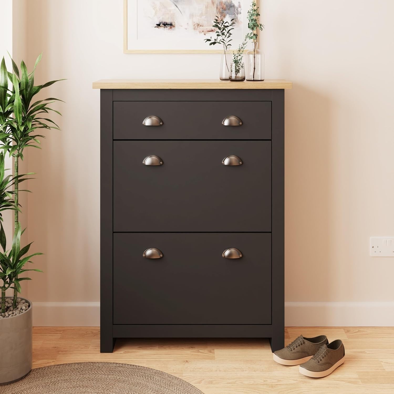 Foldable 2 Door 1 Drawer Shoe Cabinet with Oak Top 78x24x108 cm Black