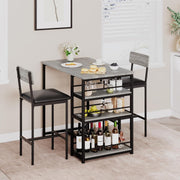 3 Pieces Bar Table Set 2 Upholstered Stools & Storage Shelves High Dining Grey