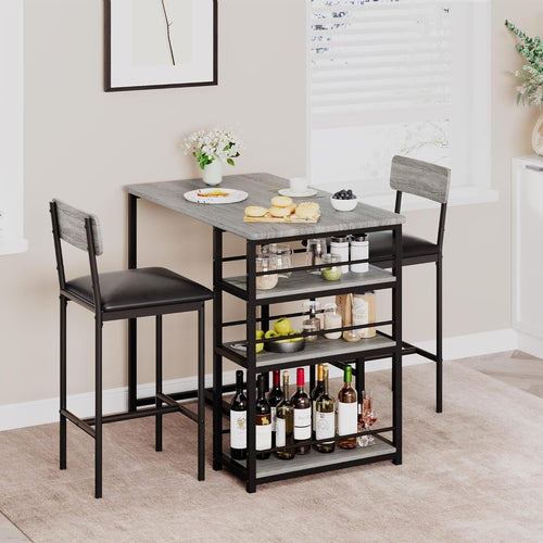 3 Pieces Bar Table Set 2 Upholstered Stools & Storage Shelves High Dining Grey