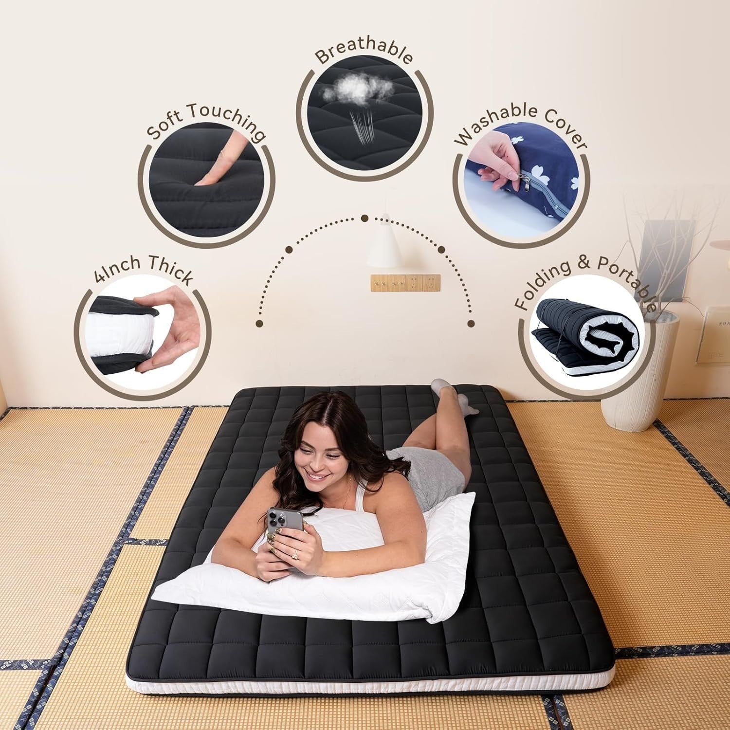 10cm Thick Japanese Futon Floor Mattress Double Bed Foldable Tatami