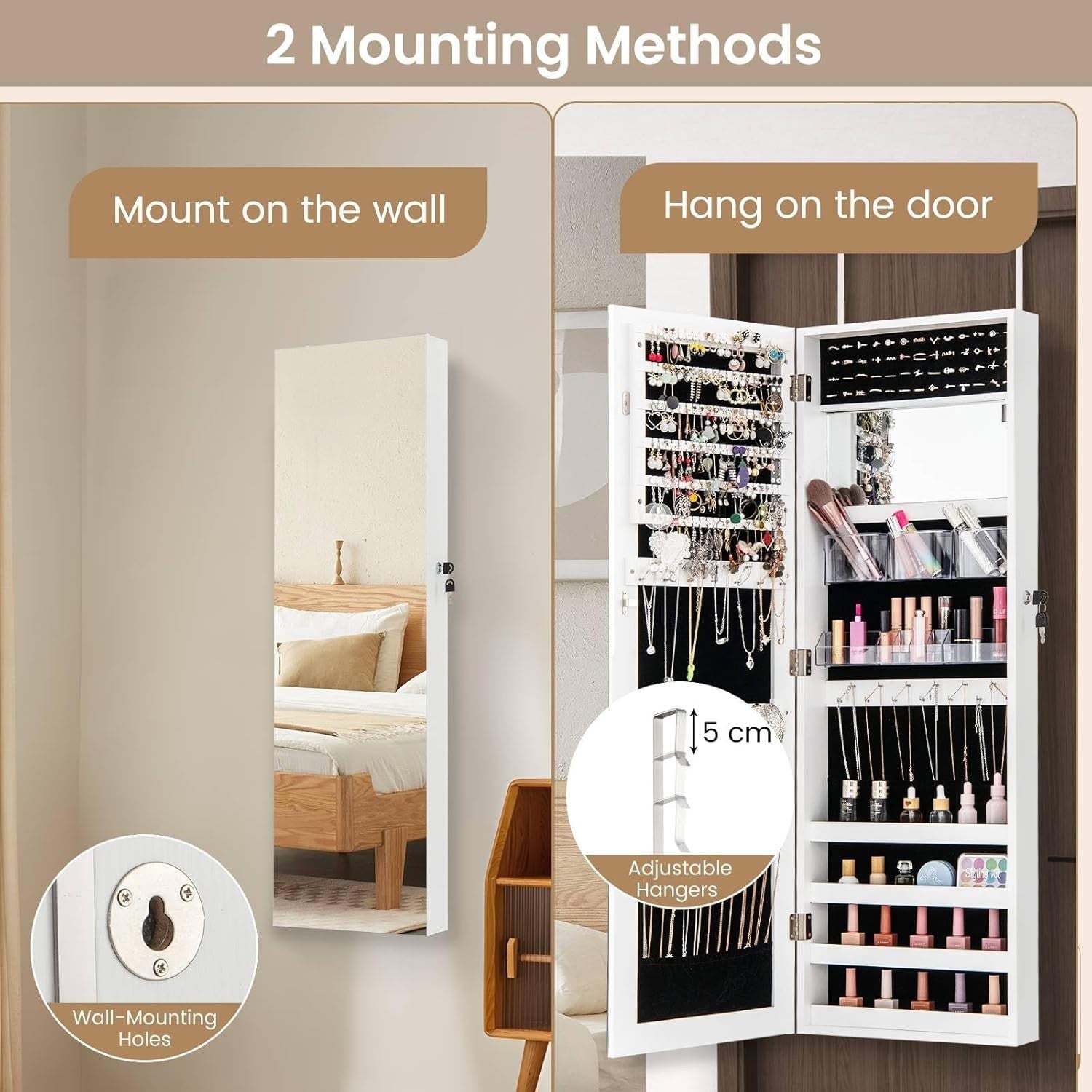 White Mirrored Jewelry Cabinet Wall Mounted Lockable Slim Storage Organizer