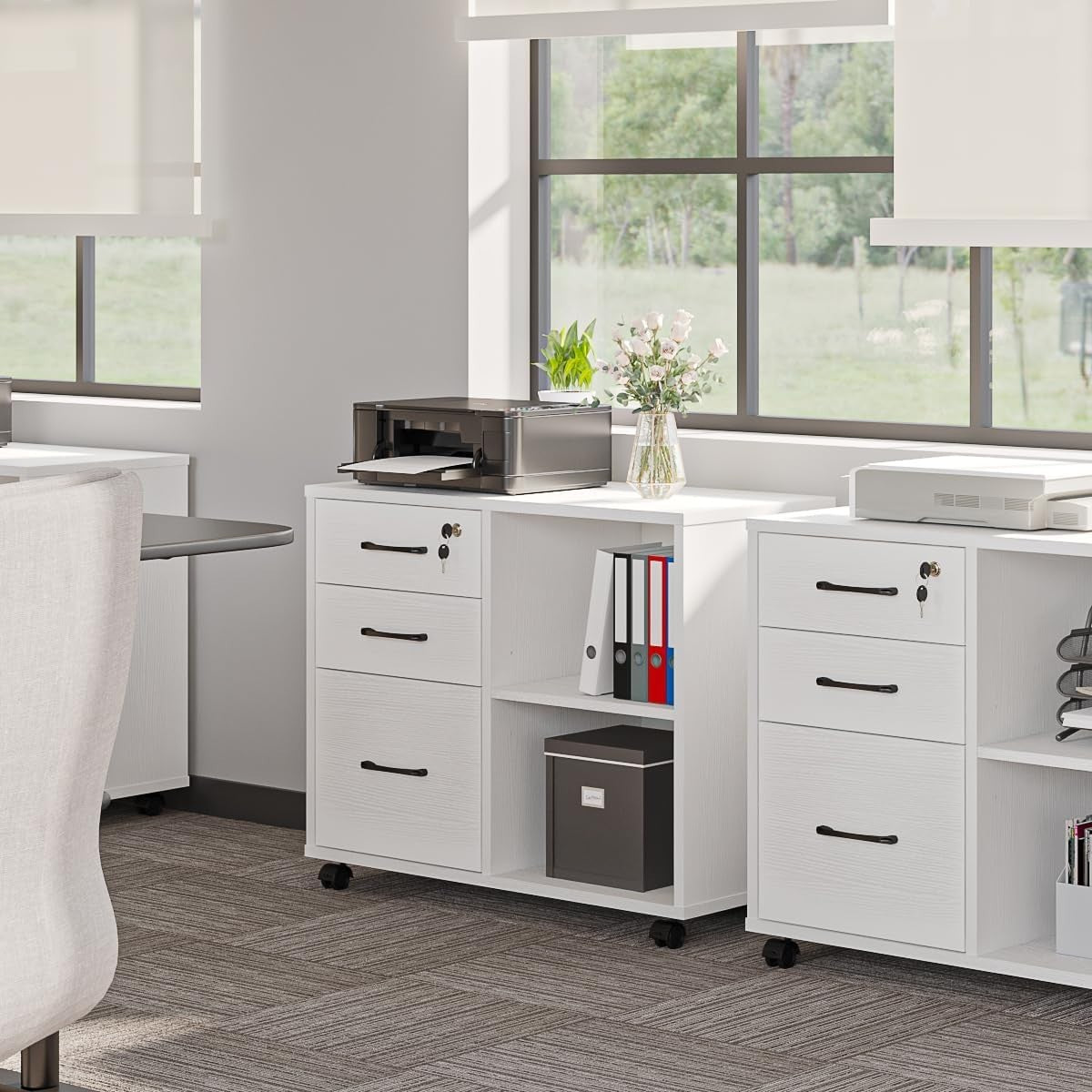 White Mobile File Cabinet 3 Drawer Lockable Printer Stand w/ Open Shelves