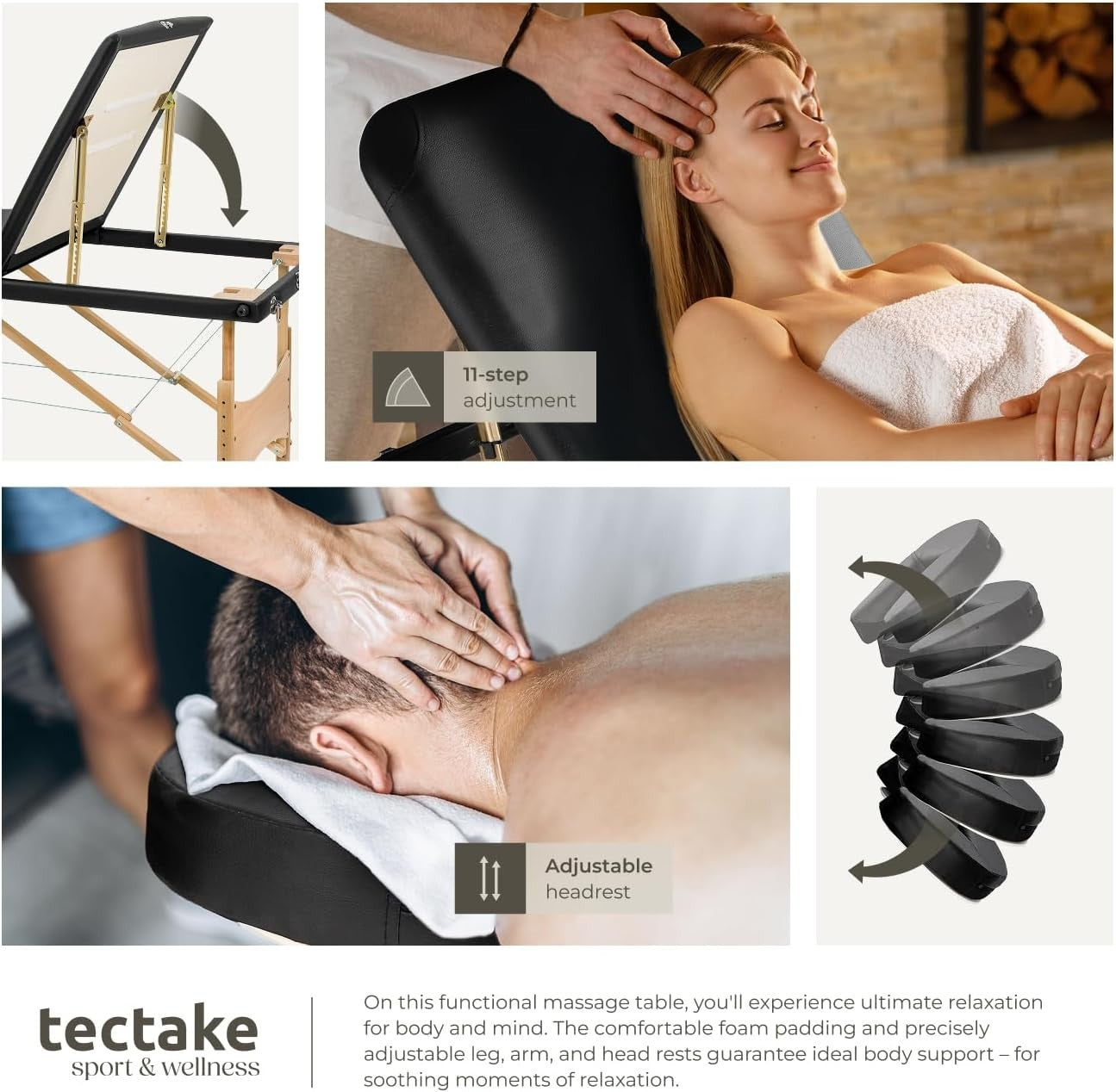 Portable Massage Table Foldable Adjustable Beauty Therapy Bed PVC Cover Black