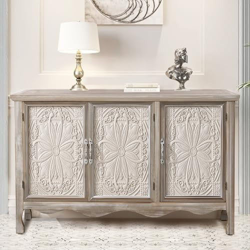 French Country Buffet Cabinet with 3 Doors Large Storage Grey Style Wood