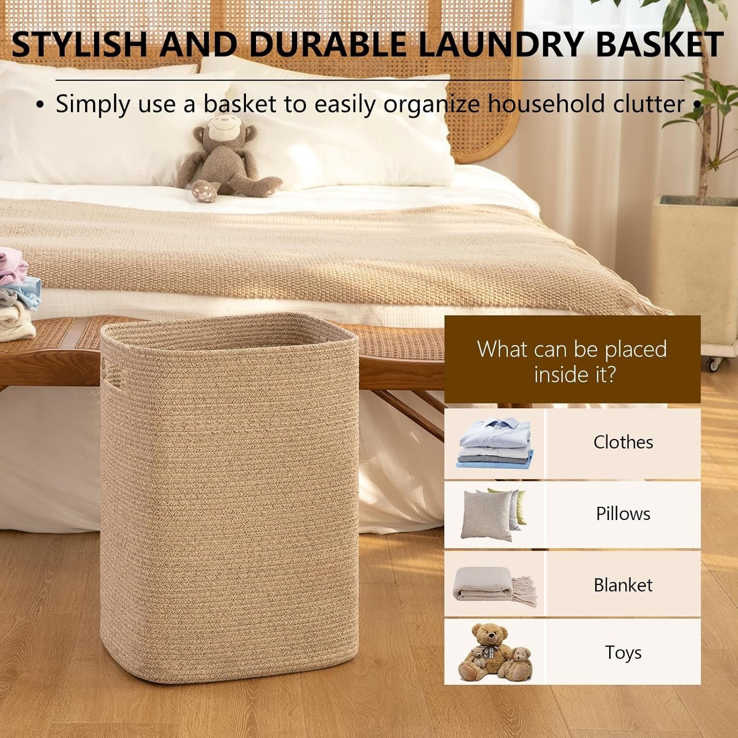 Large Woven Laundry Basket with Handles 16x13x22in Cotton Storage Hamper