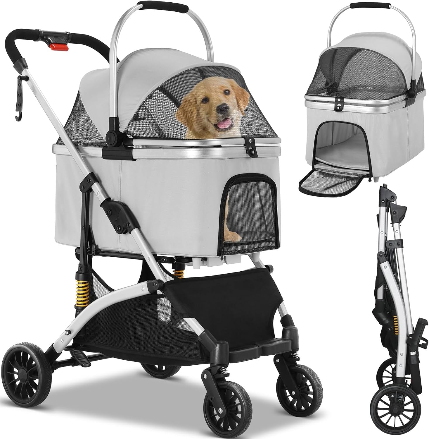 3 in 1 Dog Stroller Folding Pet Pram 360 Wheels Travel Carrier Storage Grey