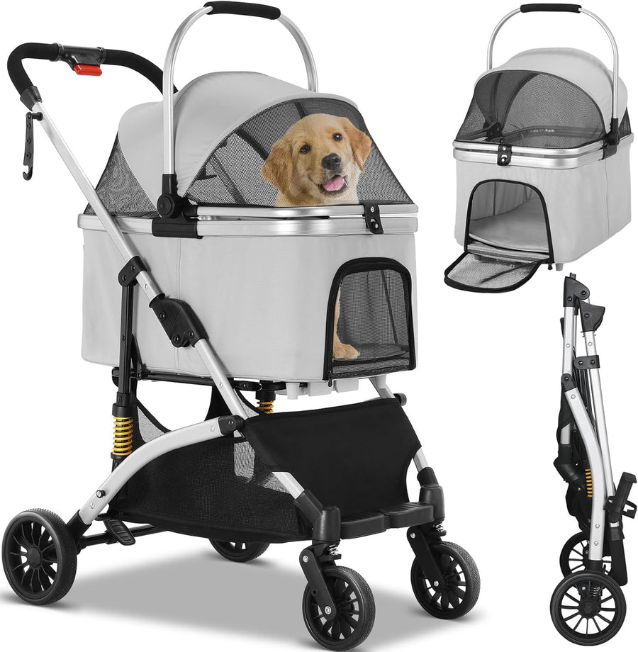 3 in 1 Dog Stroller Folding Pet Pram 360 Wheels Travel Carrier Storage Grey
