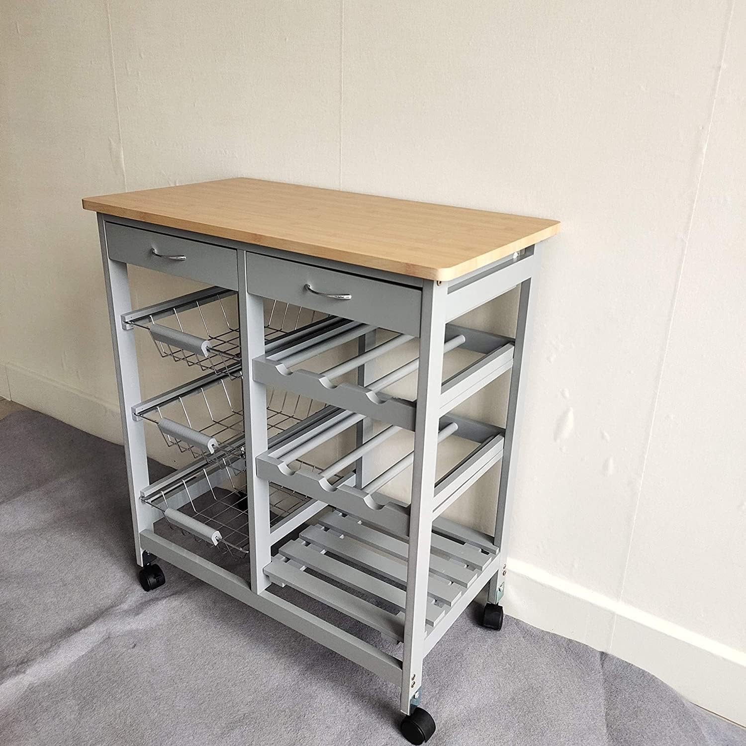 Kitchen Island Trolley on Wheels MDF Worktop Drawers Basket Storage Cart