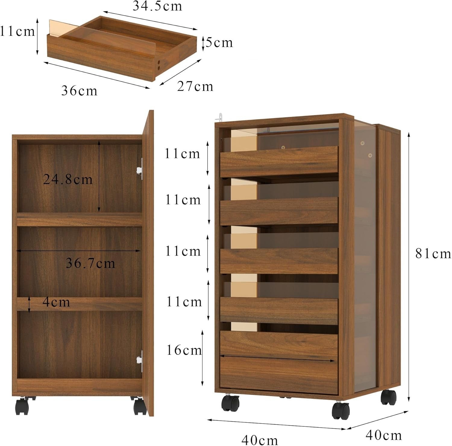 Glass Drinks Trolley on Wheels 5 Drawer Bar Cart Storage Cabinet Walnut