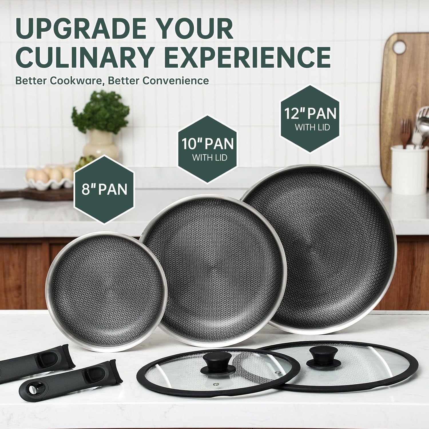 7Pcs Non Stick Frying Pan Set 20/25/30 cm with Lids & Detachable Handles