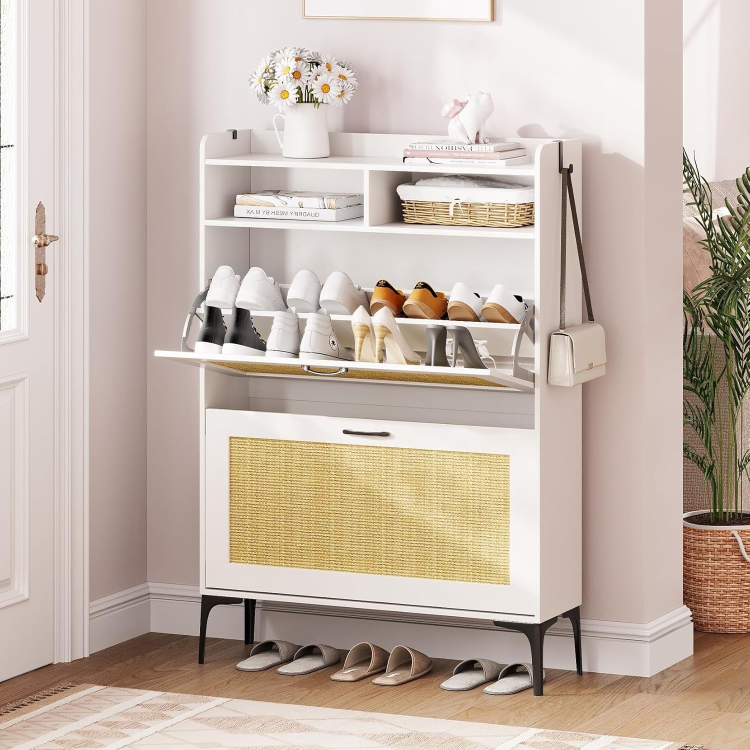 Slim Rattan White Shoe Cabinet with Flip Drawers & Open Shelves 80x24x114cm