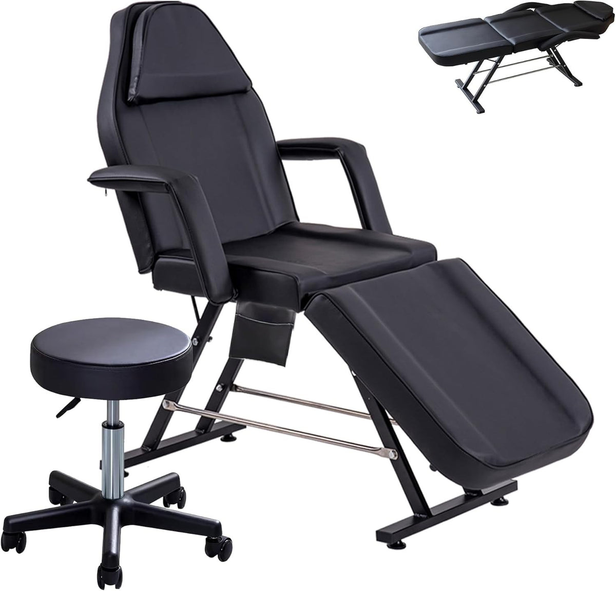 Adjustable 3-Section Beauty Massage Bed w/ Head Cushion & Swivel Stool Black