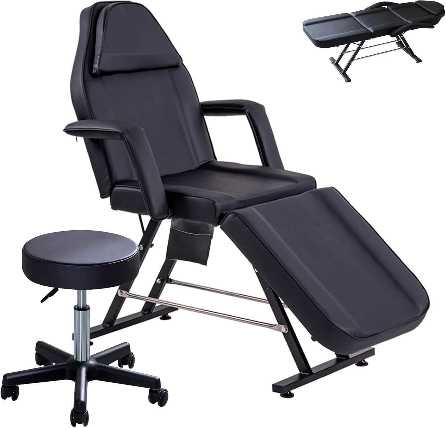Adjustable 3-Section Beauty Massage Bed w/ Head Cushion & Swivel Stool Black