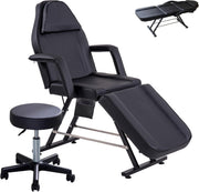 Adjustable 3-Section Beauty Massage Bed w/ Head Cushion & Swivel Stool Black