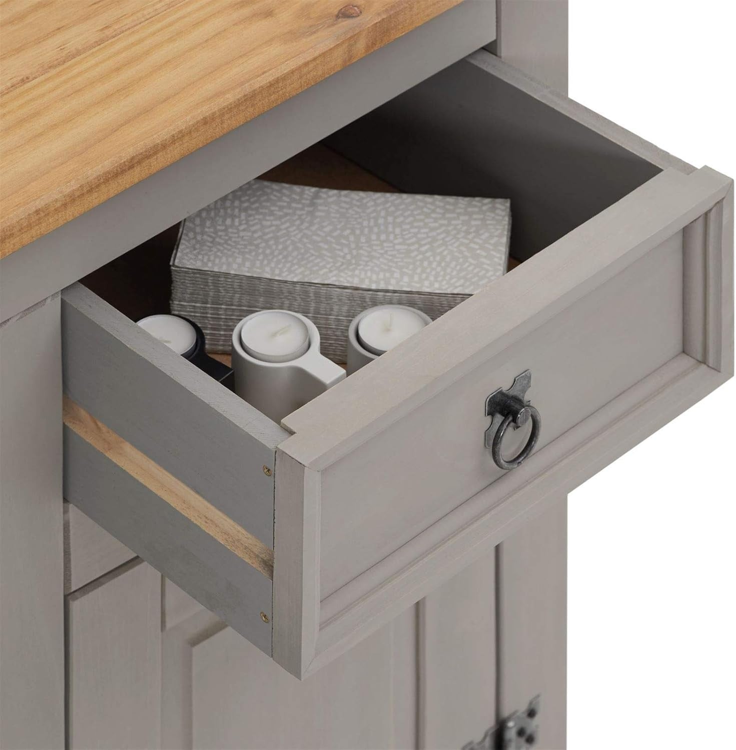Rustic Grey Pine Sideboard Cabinet with 2 Drawers & Doors Storage Cupboard