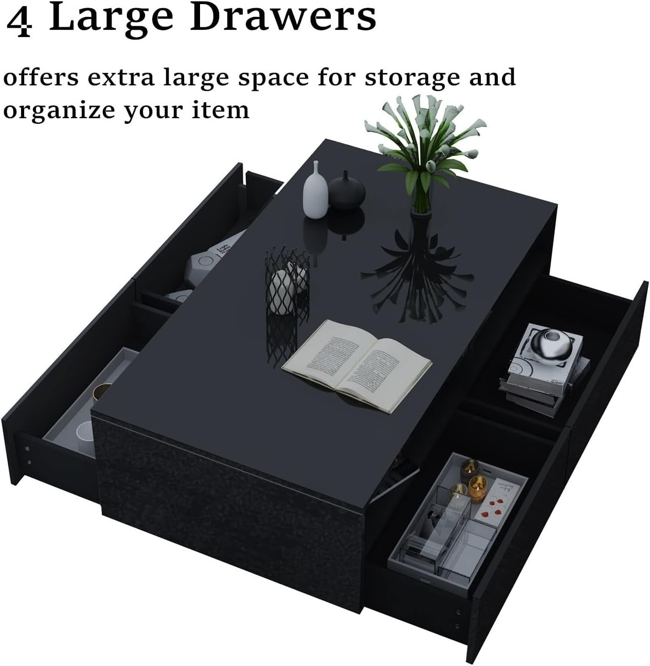 Modern Black Gloss Coffee Table with 4 Drawers & LED Light 85x55x35cm