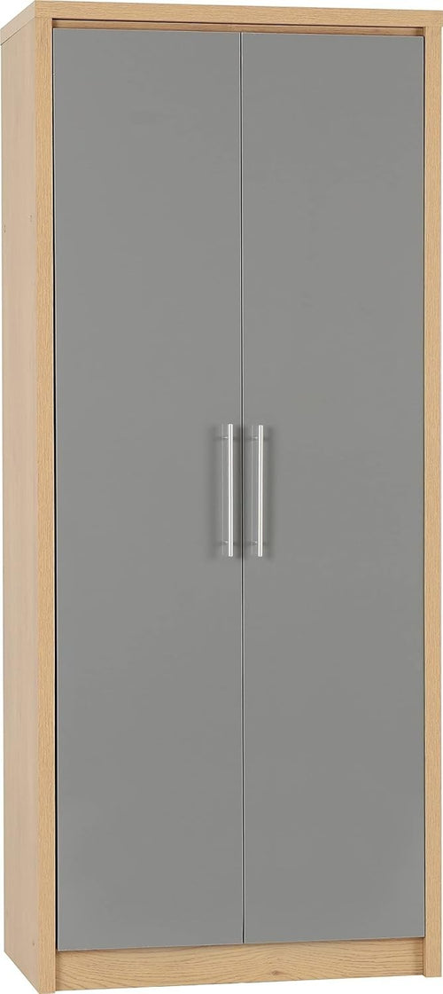 Grey Gloss 2 Door Wardrobe with Light Oak Frame – Compact Bedroom Storage