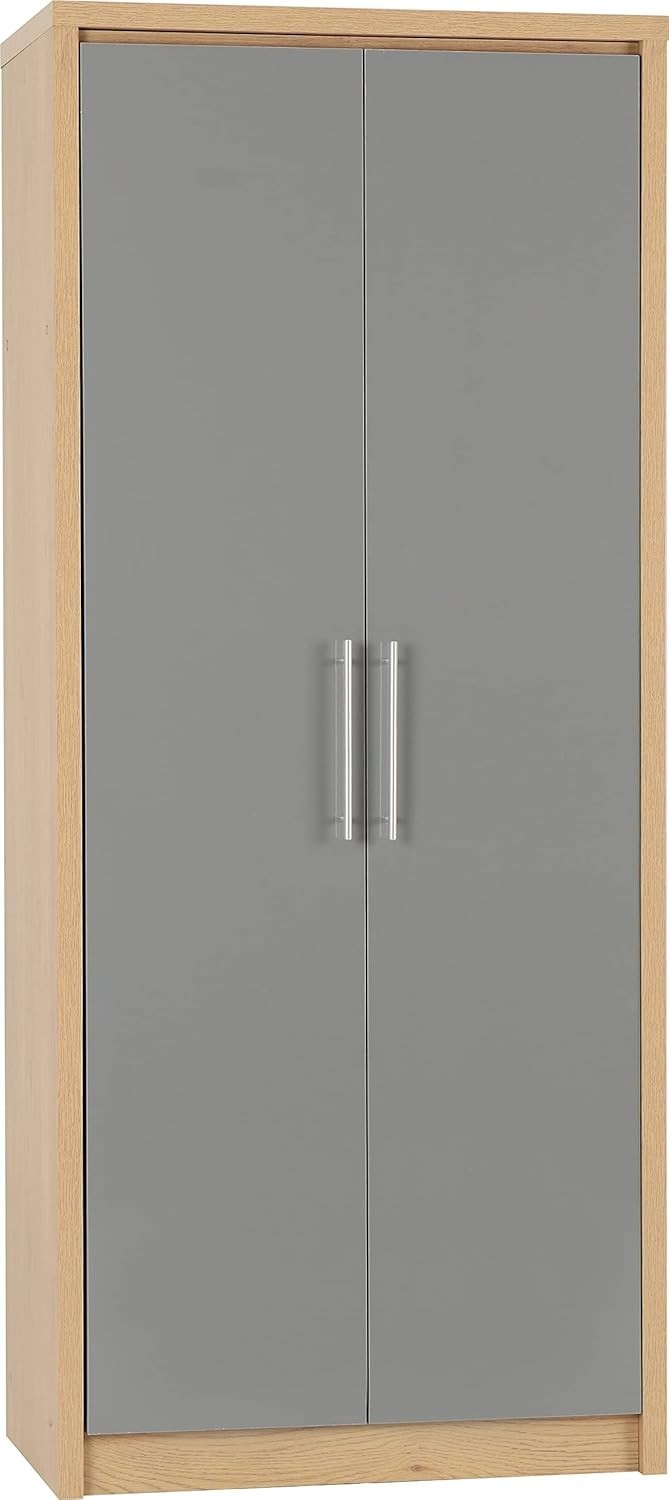 Grey Gloss 2 Door Wardrobe with Light Oak Frame – Compact Bedroom Storage